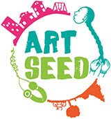 Art Seed logo: A circle encompassing a city skyline, a bridge, a child's face, hands, a telephone, and colorful shapes.
